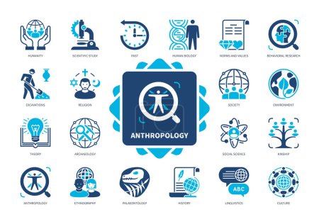 Illustration for Anthropology icon set. Archaeology, Palaeontology, Excavations, Humanity, History, Past, Religion, Ethnography. Duotone color solid icons - Royalty Free Image