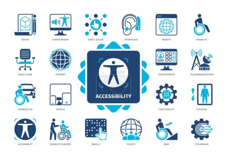 Accessibility icon set. Direct Access, Disability, Braille, Disabled Car, Hearing Aid, Elevator, Ramp, Society. Duotone color solid icons