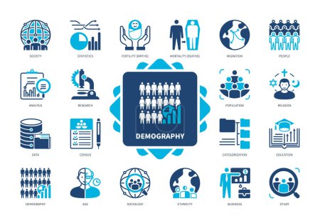 Illustration for Demography icon set. Statistics, Census, Fertility, Mortality, Population, Research, Age, Ethnicity. Duotone color solid icons - Royalty Free Image