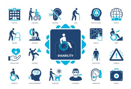 Illustration for Disability icon set. Deafness, Mental Illness, Amputation, Blindness, Guide Dog, Speech Impairment, Society, Ramp. Duotone color solid icons - Royalty Free Image