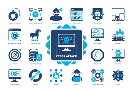 Conjunto de iconos de ataque cibernético. Hacker, Caballo de Troya, Spyware, Firewall, Virus Computacional, Prevención, Acceso, Ataque de Ddos. Iconos sólidos de color duotono