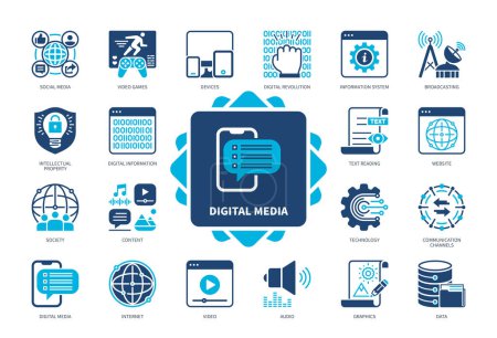 Icon Set für digitale Medien. Rundfunk, digitale Revolution, Technologie, Inhalte, Gesellschaft, Internet, Website, Social Media. Duotonfarbe einfarbige Symbole
