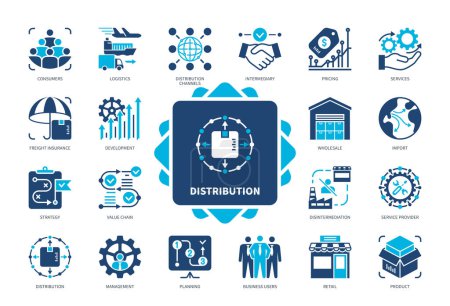 Distribution icon set. Disintermediation, Consumers, Intermediary, Management, Wholesale, Product, Pricing, Development. Duotone color solid icons