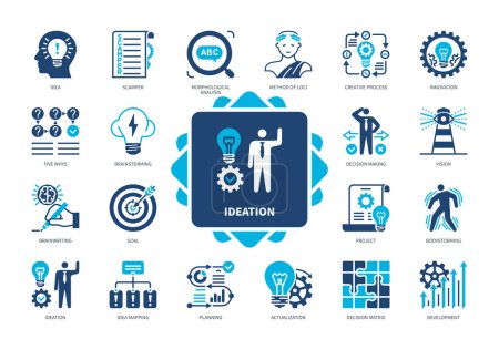Ideation icon set. SCAMPER, Five Whys, Brainstorming, Idea Mapping, Body storming, Decision Matrix, Brain writing, Innovation. Duotone color solid icons