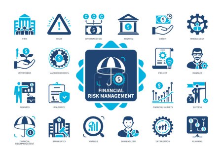 Illustration for Financial Risk Management icon set. Firm, Management, Credit, Bankruptcy, Shareholder, Investment, Analysis, Success. Duotone color solid icons - Royalty Free Image