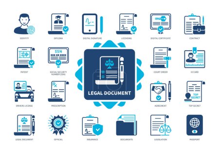 Illustration for Legal Document icon set. Identity, Drivers License, Legislation, Passport, Insurance, Patent, Digital Signature, Diploma. Duotone color solid icons - Royalty Free Image