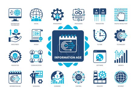 Information Age Icon gesetzt. Patente, Innovation, Technologie, Transistoren, Wirtschaft, Internet, Kommunikation, Software. Duotonfarbe einfarbige Symbole