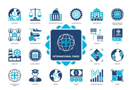 International Trade icon set. Economic, Judicial System, Corporation, Transportation, Consumers, Goods, Services, Global Market. Duotone color solid icons