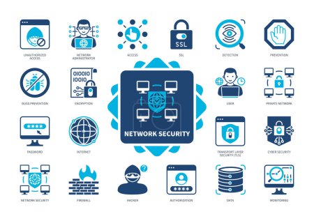Illustration for Network Security icon set. Encryption, Internet Data, Network Administration, User, Authorization, Cyber Security, Password, SSL. Duotone color solid icons - Royalty Free Image