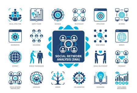 Social Network icon set. Sociogram, Application, Graph Theory, Meme Spread, Relationship, Sociology, Kinship, Website. Duotone color solid icons