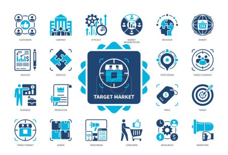 Illustration for Target Market icon set. Company, Consumer, Efficacy, Market Segmentation, Target, Marketing, Promotion, Analysis. Duotone color solid icons - Royalty Free Image