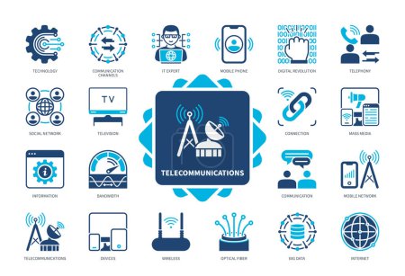 Telecommunications icon set. Bandwidth, Optical Fiber, Internet, Mass Media, Mobile Pone, Telephony, Television, Mobile Network. Duotone color solid icons