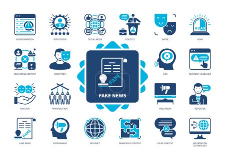 Fake-News-Icon gesetzt. Fehlinformationen, Falschmeldungen, irreführende Inhalte, Propaganda, Manipulation, Lügen, Satire, soziale Medien. Duotonfarbe einfarbige Symbole