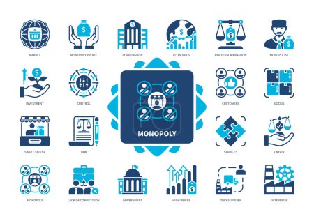 Monopoly icon set. Corporation, Economics, Lack of Competition, Law, Control, Only Supplier, High Prices, Goods. Duotone color solid icons
