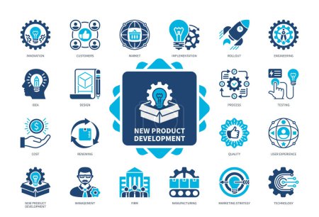 New Product Development icon set. Rollout, Design, User Experience, Manufacturing, Engineering, Idea, Distribution, Innovation. Duotone color solid icons