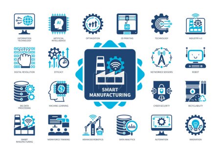 Illustration for Smart Manufacturing icon set. 3D Printing, Advanced Robotics, Recyclability, Automation, Efficacy, Technology, Optimization, Data Analytics - Royalty Free Image