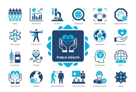 Public Health icon set. Biostatistics, Physical Health, Environment, Vaccination, Pandemic, Epidemiology, Disease, Society. Duotone color solid icons