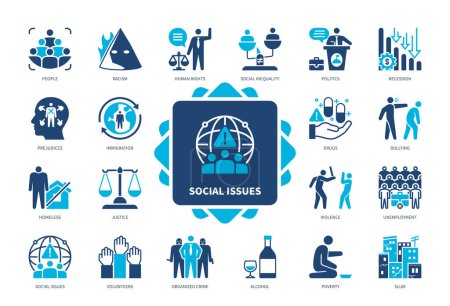 Social Issues icon set. Bulling, Poverty, Violence, Immigration, Alcohol, Drugs, Unemployment, Social Inequality. Duotone color solid icons