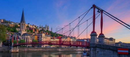 Photo for Famous red footbridge in the morning, Lyon, France - Royalty Free Image