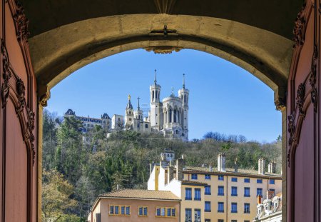 Photo for View of famous basilica, Notre-Dame-de-Fourviere from Saint-Jean church in Lyon city, France - Royalty Free Image