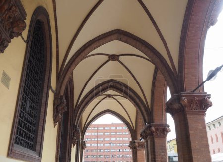 ancient gothic colonnade portico in Bologna, Italy
