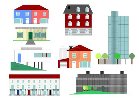 Illustration of houses in many architectural styles including semi detached, gothic, prefab shed, modernist rationalist, single house, skyscraper, block of flats