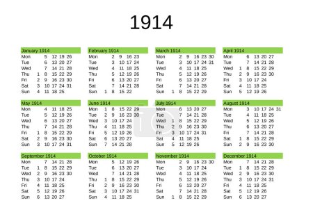 Illustration for Calendar of year 1914 in English language - Royalty Free Image