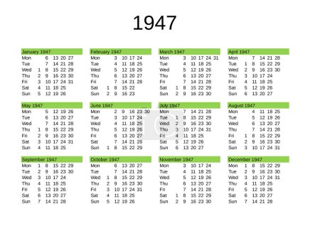 Ilustración de Calendario del año 1947 en lengua inglesa - Imagen libre de derechos