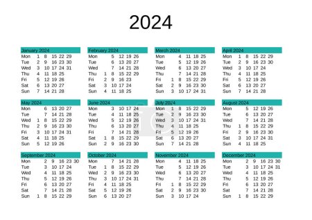 Téléchargez les illustrations : Calendrier de l'année 2024 en langue anglaise - en licence libre de droit