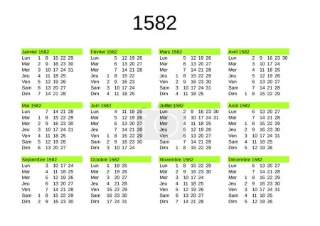 Téléchargez les illustrations : Calendrier de l'année 1582 montrant la transition du calendrier julien au calendrier grégorien en sautant 10 jours en octobre, en langue française - en licence libre de droit