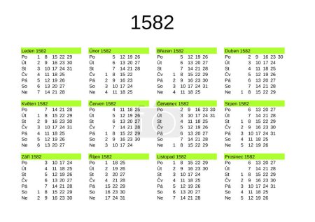 Ilustración de Calendario del año 1582 que muestra la transición de Juliano al calendario gregoriano omitiendo 10 días en octubre, en idioma checo - Imagen libre de derechos