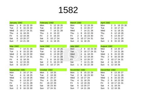 Téléchargez les illustrations : Calendrier de l'année 1582 montrant la transition du calendrier julien au calendrier grégorien en sautant 10 jours en octobre, en langue anglaise - en licence libre de droit