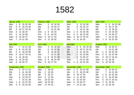 Téléchargez les illustrations : Calendrier de l'année 1582 montrant la transition du calendrier julien au calendrier grégorien en sautant 10 jours en octobre, en langue allemande - en licence libre de droit