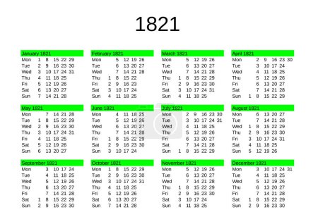 Ilustración de Calendario del año 1821 en inglés - Imagen libre de derechos