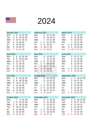 Téléchargez les illustrations : Calendrier de l'année 2024 en langue anglaise avec jours fériés aux États-Unis - en licence libre de droit