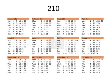 Ilustración de Calendario del año 210 en lengua inglesa - Imagen libre de derechos