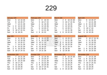 Illustration for Calendar of year 229 in English language - Royalty Free Image