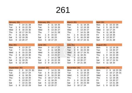 Illustration for Calendar of year 261 in English language - Royalty Free Image