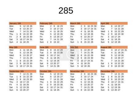 Ilustración de Calendario del año 285 en lengua inglesa - Imagen libre de derechos