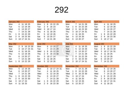Illustration for Calendar of year 292 in English language - Royalty Free Image