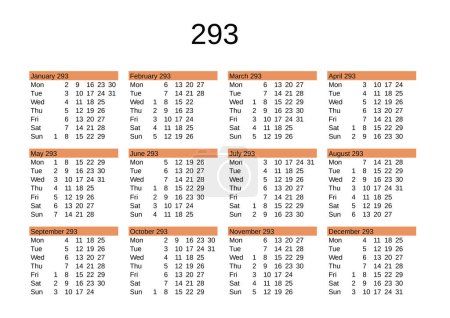 Illustration for Calendar of year 293 in English language - Royalty Free Image
