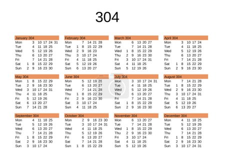 Ilustración de Calendario del año 304 en lengua inglesa - Imagen libre de derechos