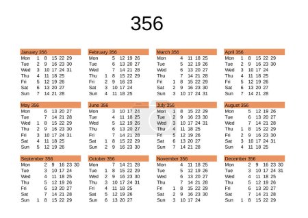 Illustration for Calendar of year 356 in English language - Royalty Free Image