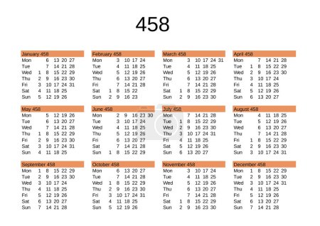 Illustration for Calendar of year 458 in English language - Royalty Free Image