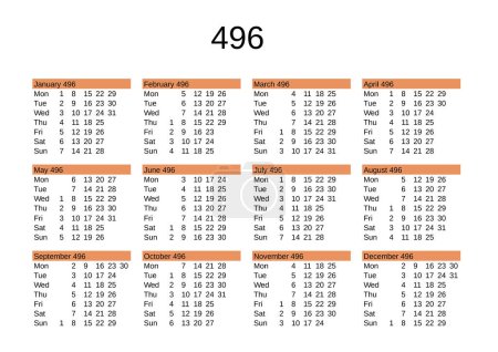 Illustration for Calendar of year 496 in English language - Royalty Free Image