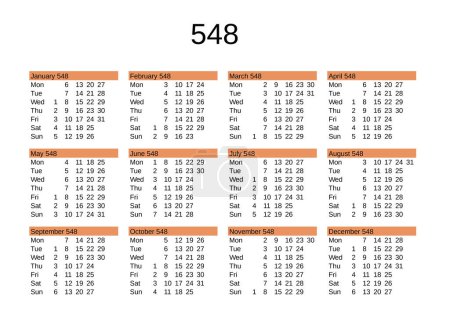 Illustration for Calendar of year 548 in English language - Royalty Free Image