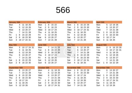 Illustration for Calendar of year 566 in English language - Royalty Free Image