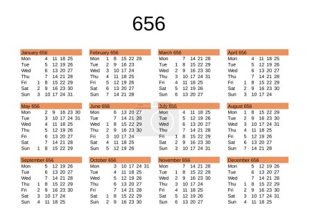 Illustration for Calendar of year 656 in English language - Royalty Free Image