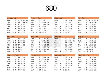Ilustración de Calendario del año 680 en lengua inglesa - Imagen libre de derechos