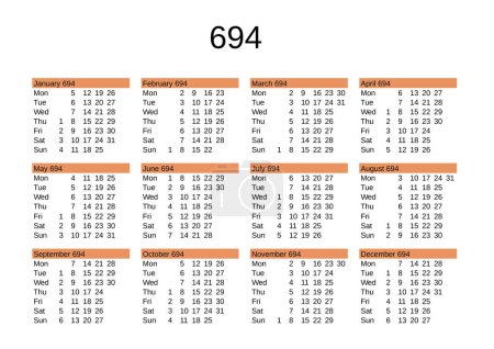 Ilustración de Calendario del año 694 en lengua inglesa - Imagen libre de derechos